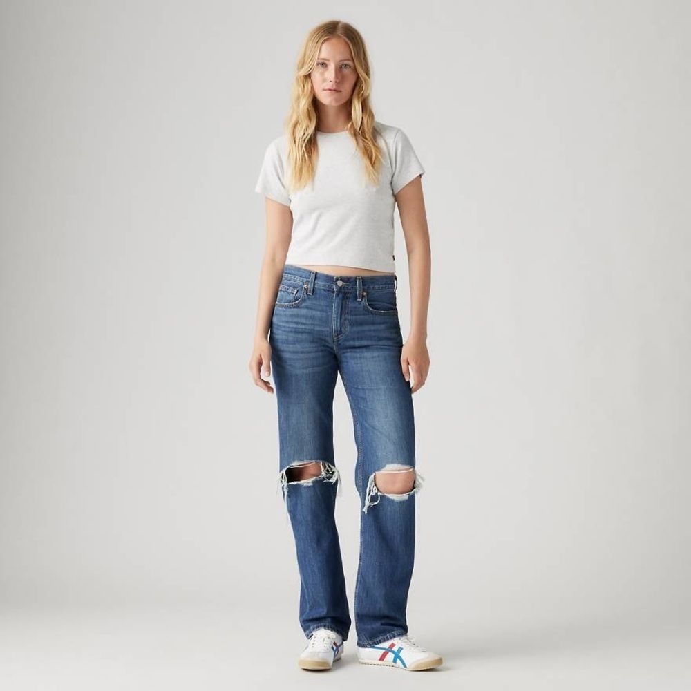 Levi’s Low Pro Straight Distressed Busted Knee Jeans Womens Size 32 Dark Wash